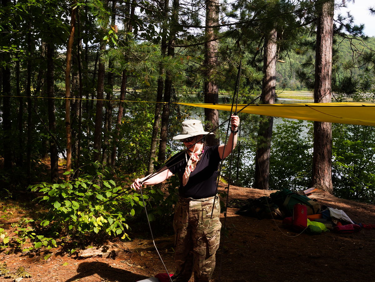 Pitching the tent at our campsite on Whitson Lake in Algonquin Park