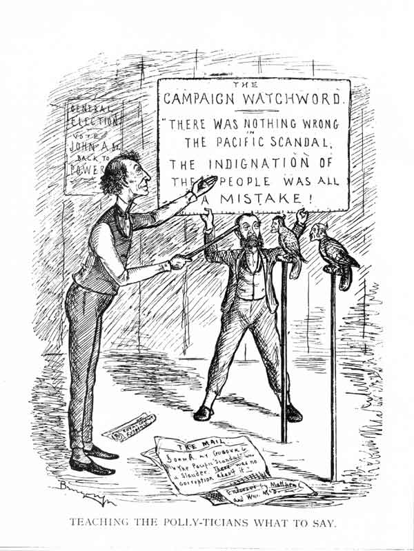 J.W. Bengough cartoon: Teaching The Polly-ticians What To Say