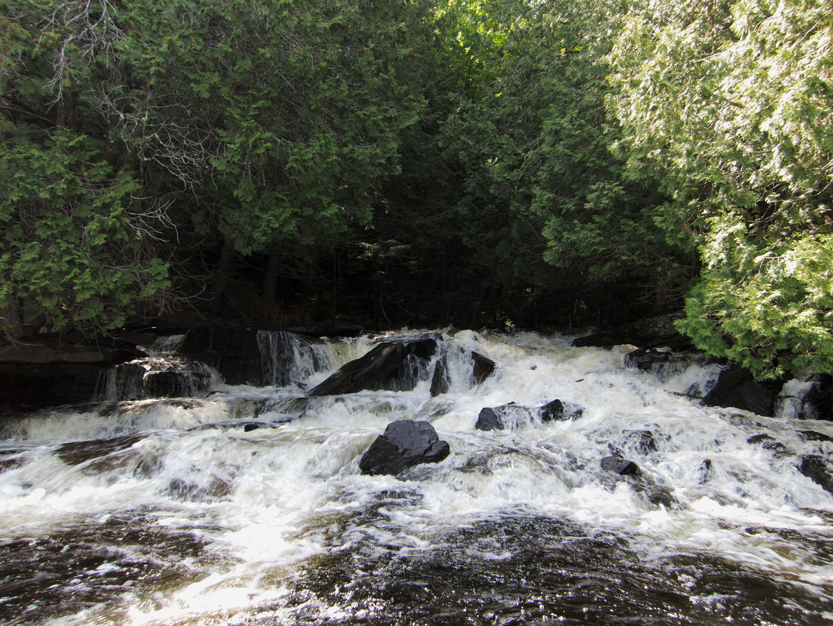 Outflow of the Barron River into High Falls Lake in Algonquin Park