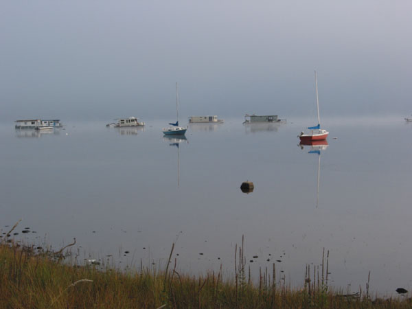 Boats in mist along Deep River Waterfront