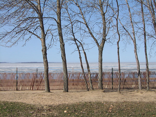 Snow fence along the shore of Lake Nipissing