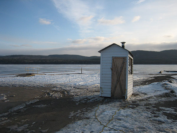 ice fishing hut at Deep River Pier
