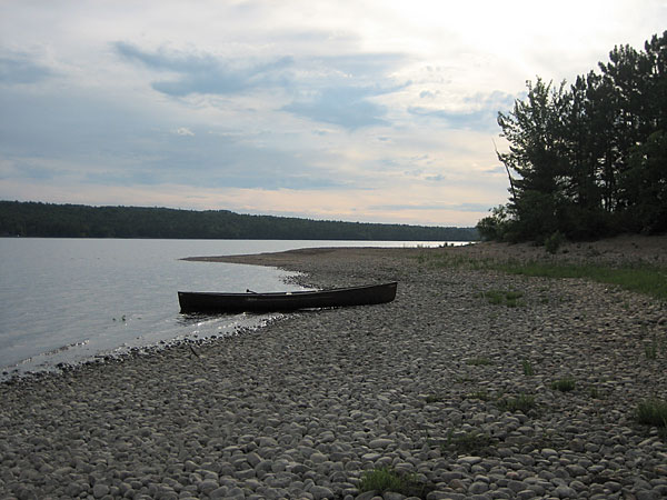 Canoe on gravel beach at Presquisle near Point Alexander