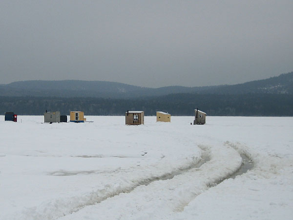 ice fishing huts at the Deep River Pier