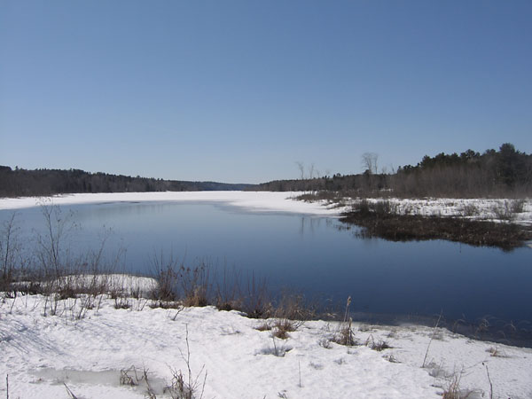 ice out on Corry Lake as seen from the Corry Lake Bridge